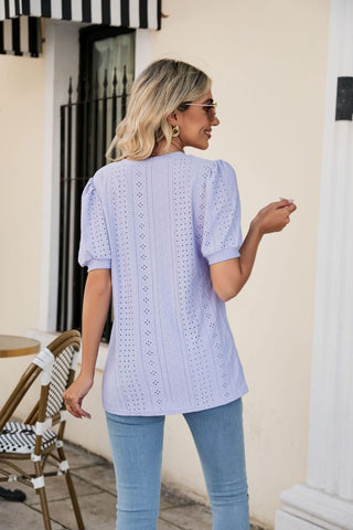 Eyelet Puff Sleeve V-Neck Top - Shop women Dresses & Apparel online | The Fashion Game - The Fashion Game