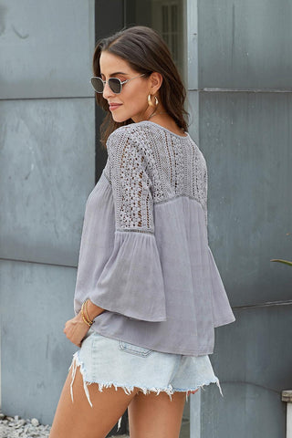 Flare Sleeve Spliced Lace V-Neck Shirt - Shop women Dresses & Apparel online | The Fashion Game - The Fashion Game