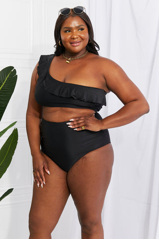 Marina West Swim Seaside Romance Ruffle One-Shoulder Bikini in Black - Shop women Dresses & Apparel online | The Fashion Game - The Fashion Game