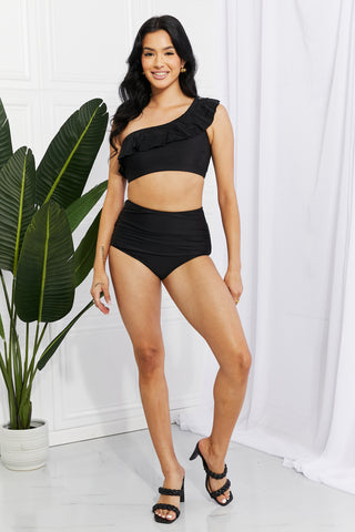 Marina West Swim Seaside Romance Ruffle One-Shoulder Bikini in Black - Shop women Dresses & Apparel online | The Fashion Game - The Fashion Game