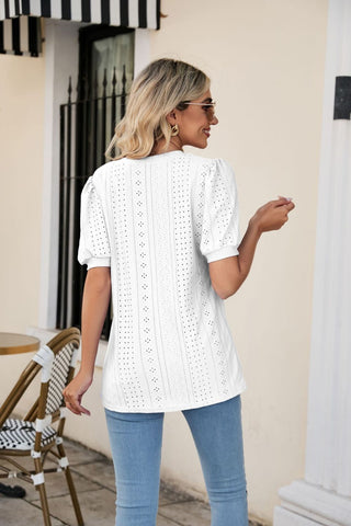Eyelet Puff Sleeve V-Neck Top - Shop women Dresses & Apparel online | The Fashion Game - The Fashion Game