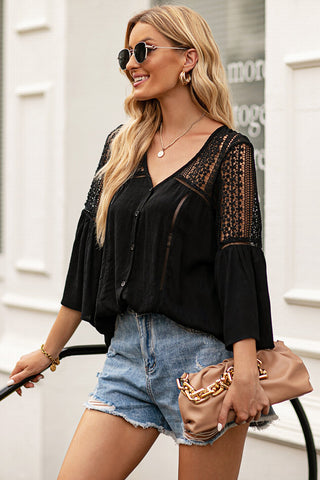 Flare Sleeve Spliced Lace V-Neck Shirt - Shop women Dresses & Apparel online | The Fashion Game - The Fashion Game