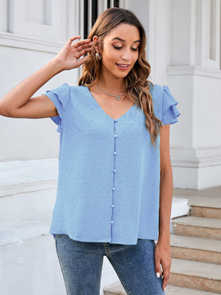 Swiss Dot Layered Flutter Sleeve Shirt - Shop women Dresses & Apparel online | The Fashion Game - The Fashion Game