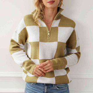 Checkered Half Zip Long Sleeve Sweater