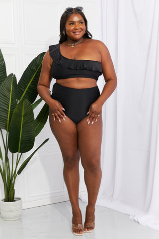 Marina West Swim Seaside Romance Ruffle One-Shoulder Bikini in Black - Shop women Dresses & Apparel online | The Fashion Game - The Fashion Game