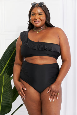 Marina West Swim Seaside Romance Ruffle One-Shoulder Bikini in Black - Shop women Dresses & Apparel online | The Fashion Game - The Fashion Game