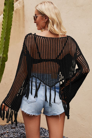 Tassel Hem Openwork Long Sleeve Cover Up - Shop women Dresses & Apparel online | The Fashion Game - The Fashion Game