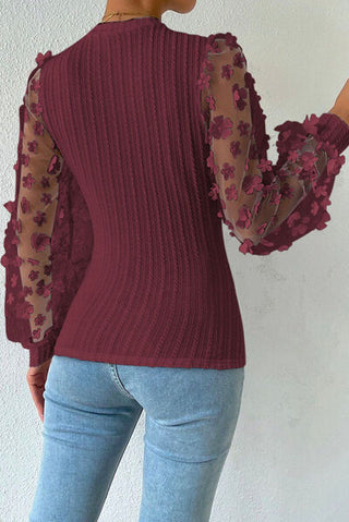 Double Take Textured Applique Long Sleeve Blouse