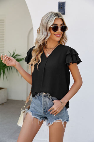 V-Neck Layered Flutter Sleeve Top - Shop women Dresses & Apparel online | The Fashion Game - The Fashion Game