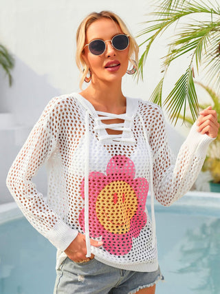 Flower Graphic Lace-Up Openwork Hooded Cover Up - Shop women Dresses & Apparel online | The Fashion Game - The Fashion Game